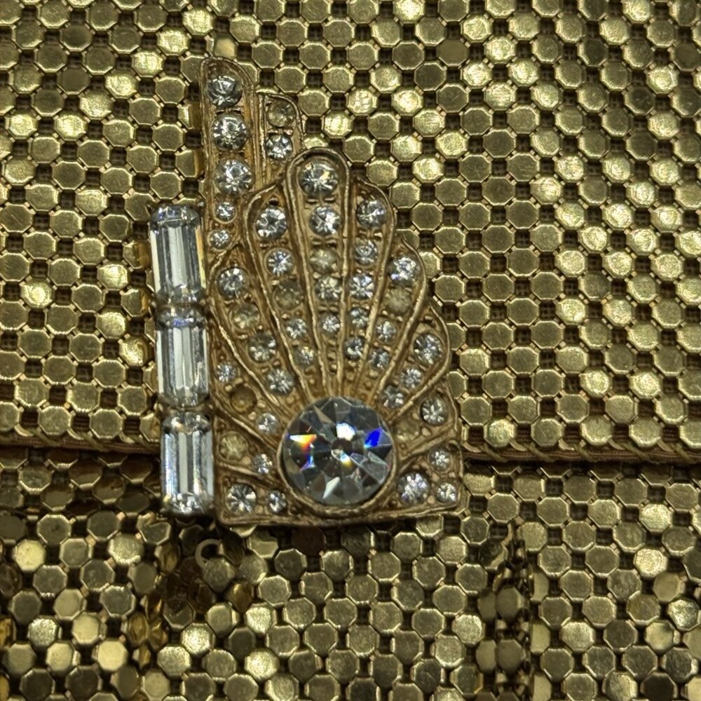 Mesh Purse Clutch Bag Gold Tone Art Deco Rhinestone Clip Vtg Whiting and Davis - Picture 3 of 14